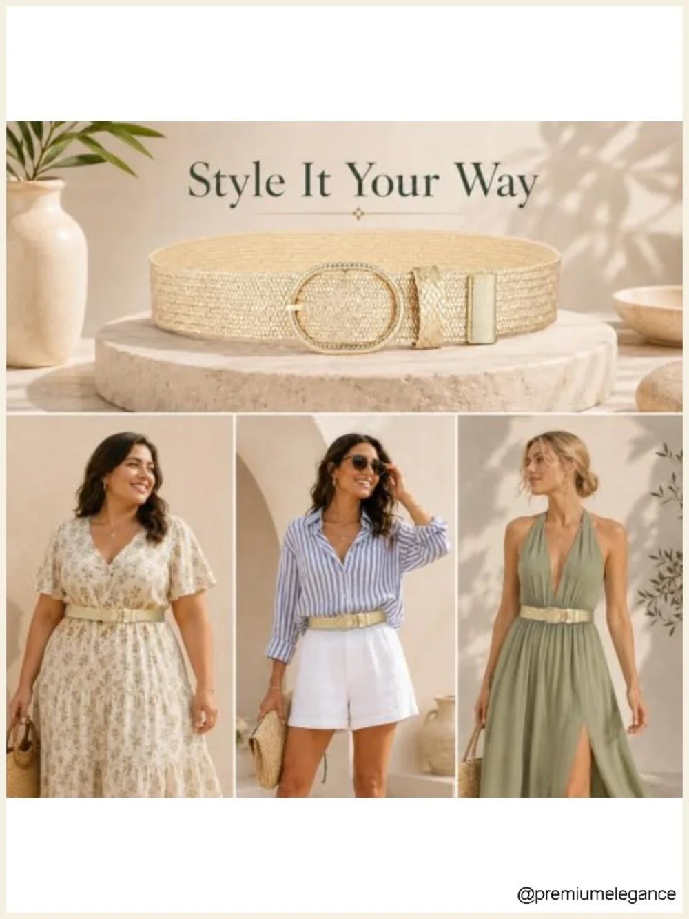 Straw Woven Stretchy Belt with Oval Buckle for Dresses
